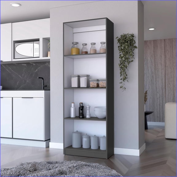 Bookcase, 71 Tall 4 Open Shelves Classic-Contemporary Matt Slate Gray & Off-White | Grey+White | Closed Back