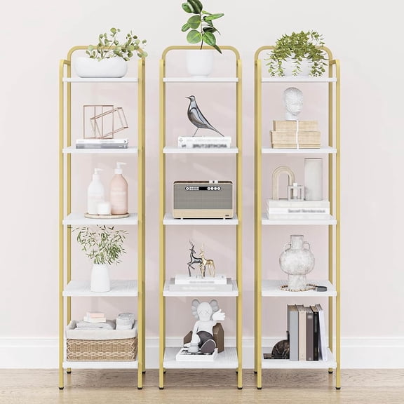 Bookcase Bookshelf, Narrow Shelf, Industrial Corner Shelf Storage Organizer, Slim Shelving Unit for Home Office, Living Room, Bedroom, Kitchen, 5-Tier White Gold