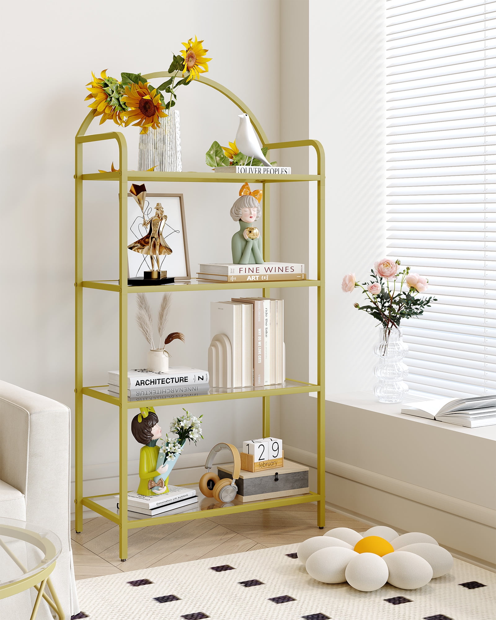 Gold 5-Tier Adjustable Tempered Glass Bookcase