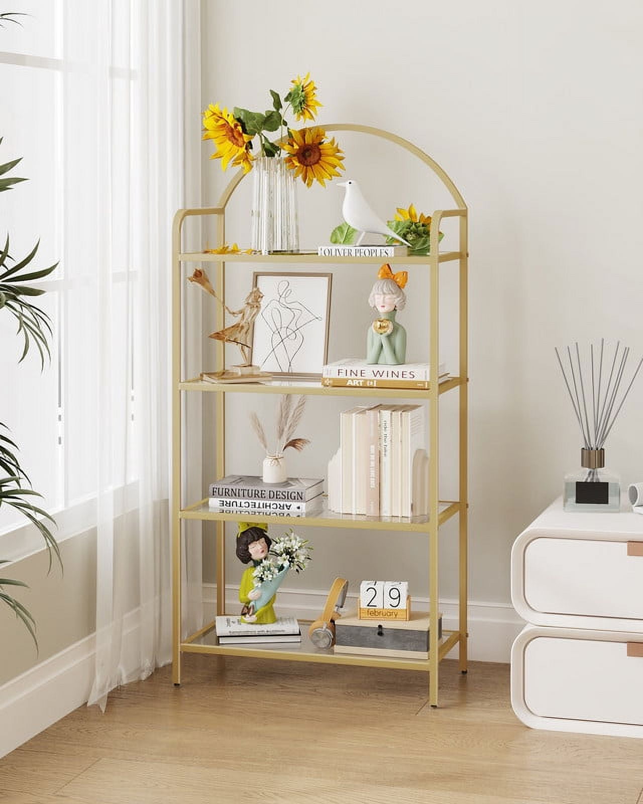 Gold 5-Tier Adjustable Tempered Glass Bookcase