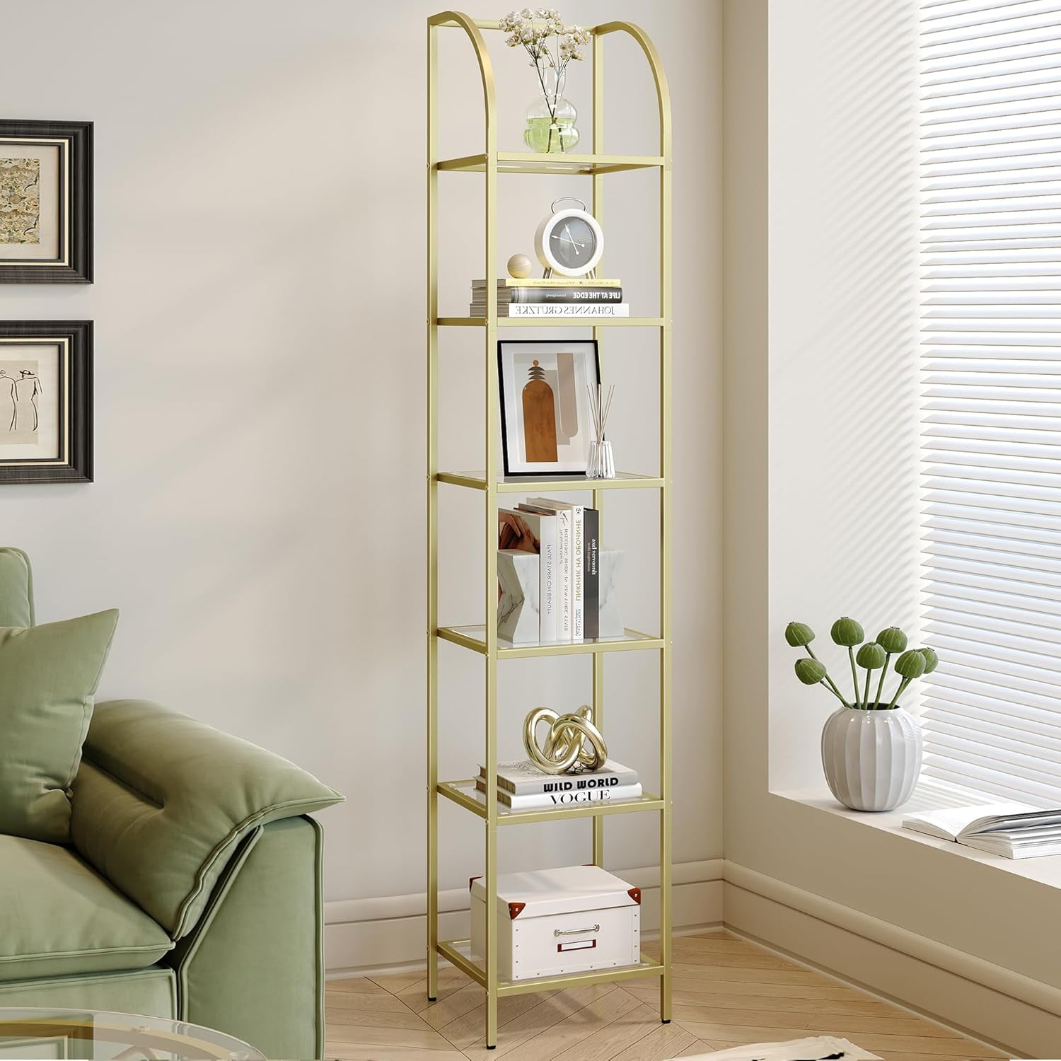 Gold Arched 6-Tier Steel and Glass Bookshelf