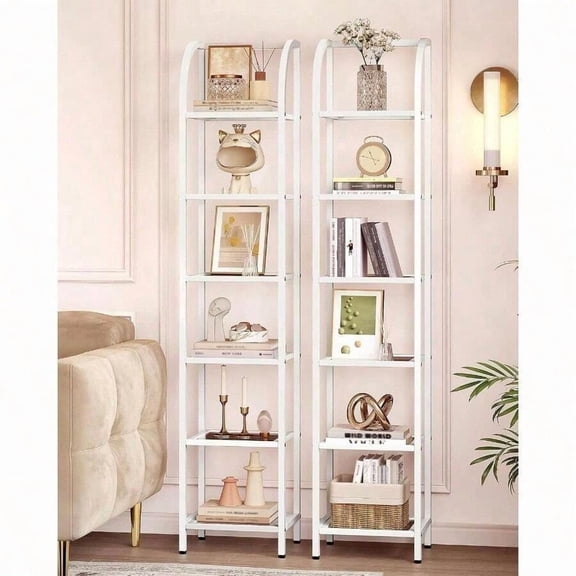 Bookcase Bookshelf, Tempered Glass Arched Bookshelf More Storage, Slim Shelving Unit Bedroom, Bathroom, Home Office, Steel Frame, 5 Tier Gold BC20599G