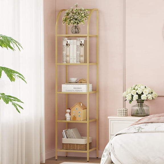 Bookcase Bookshelf, Tempered Glass Arched Bookshelf for More Storage, Slim Shelving Unit for Bedroom, Bathroom, Home Office, Steel Frame