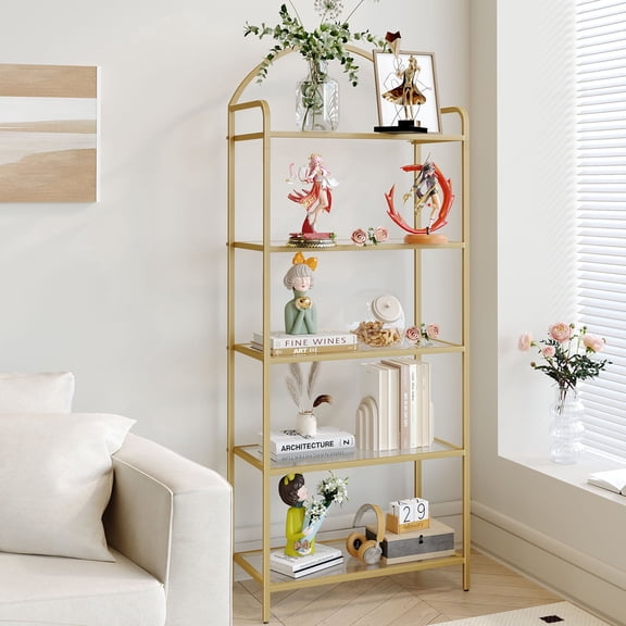 Hzuaneri 5-Tier Bookcase Bookshelf, Tempered Glass Bookshelves, Slim Shelving Unit for Bedroom, Bathroom, Home Office, Steel Frame, Gold, 59in Tall