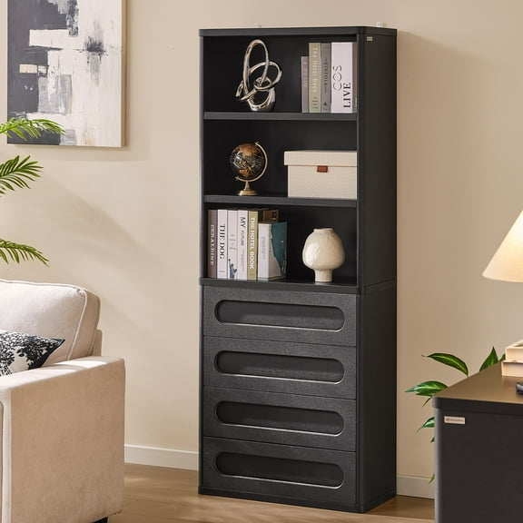 Bookcase and Bookshelves with 4 Drawers,Tall Storage Bookcase with 3 Shelves,72.1" H Office Storage Bookshelf for Home Office and Living Room,Wood Storage Bookshelves,Black