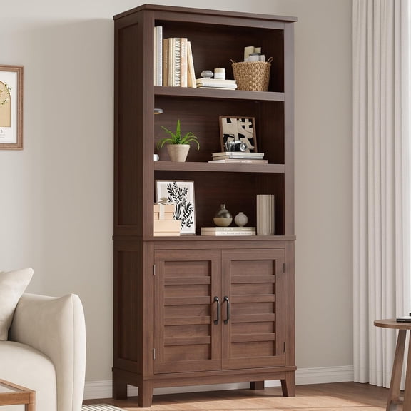 Bookcase with Door 5 Tier Storage Bookshelf Wooden Farmhouse Bookshelves Rustic Vintage Etagere Walnut Cabinet for Home Office,Living Room,Bed Room,Brown
