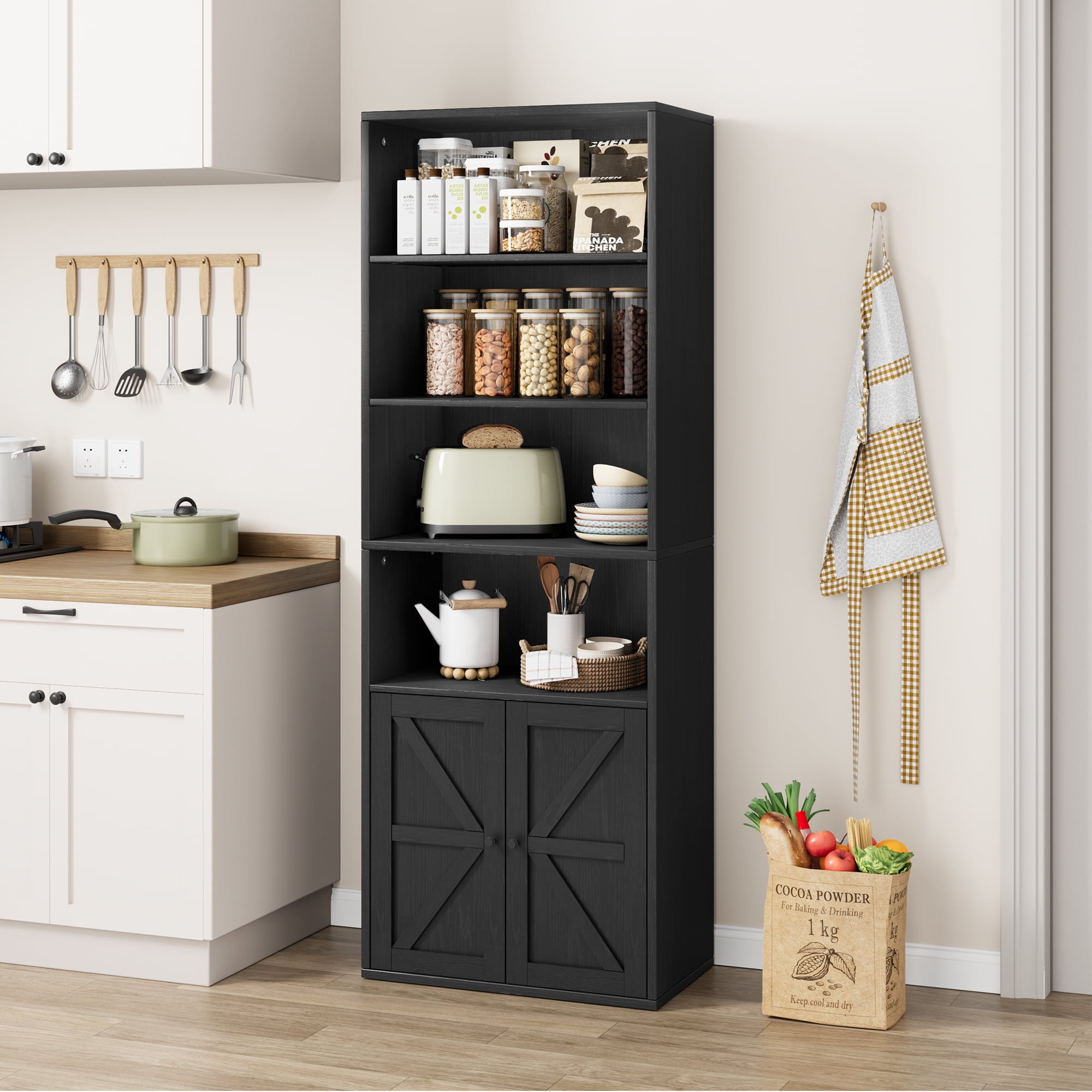 Black Farmhouse Adjustable Bookcase with Doors and Shelves