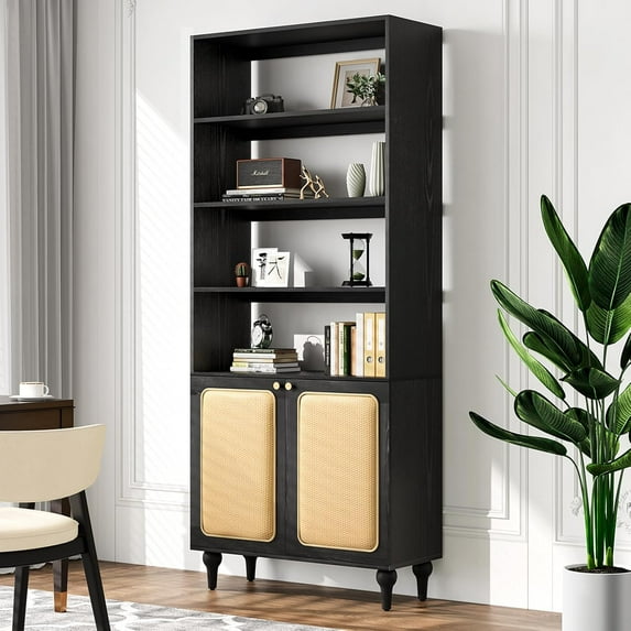 Bookcase with Doors, Rattan Boho Bookshelf with 4 Open Shelves, Tall Wood Bookcase Shelf with Storage for Living Room, Bedroom, Study, Office, Adjustable Shelf, Anti-Tip kit, Black Oak