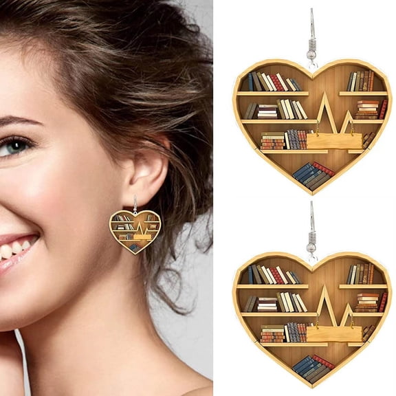 Bookcase Heart Earrings Printed Patterns Women's Book Lover Jewelry Daily Studs