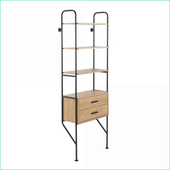 Bookcase, Industrial Wall Mounted with Walnut Brown Wood Shelves & Black Metal Frame | Slim | Pull-Out Drawers