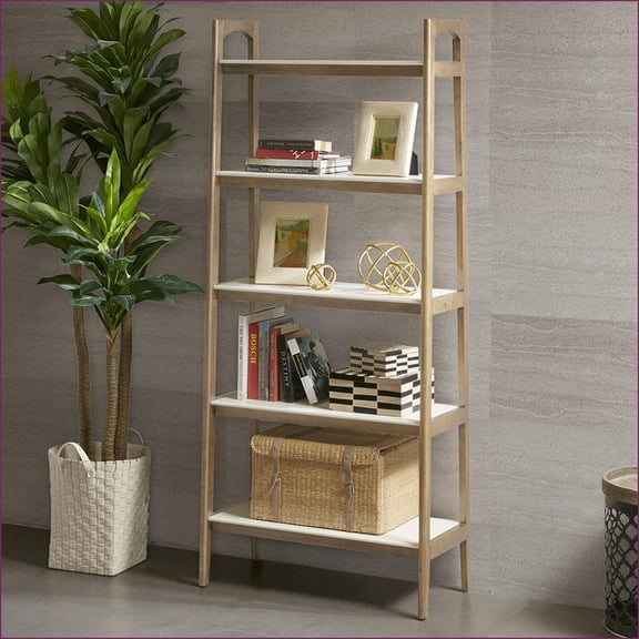 Bookcase, Mid-Century Modern 5-Shelf Solid Wood Frame | Off-White MDF Shelves | Natural Finish