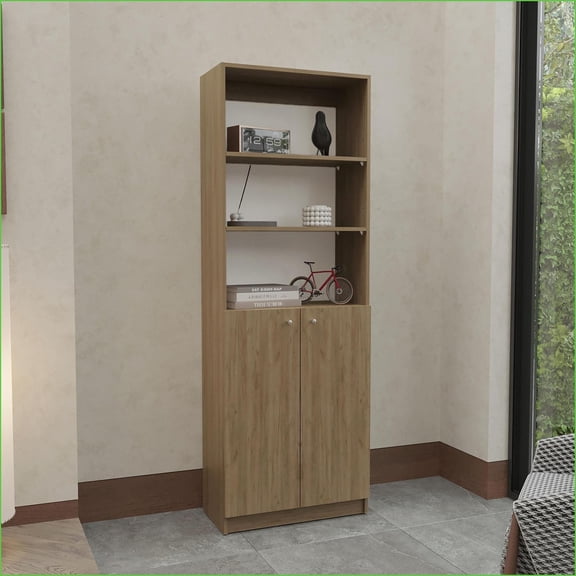 Bookcase with 2-Door Closed Storage & Multi-Tier Open Shelves, Modern Beige | MDF | Primary Living Space