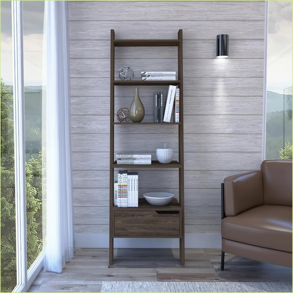 Bookcase, Modern Ladder with 5 Open Shelves & 1 Drawer Walnut Brown | Wall Mounted | Particle Board | Brown
