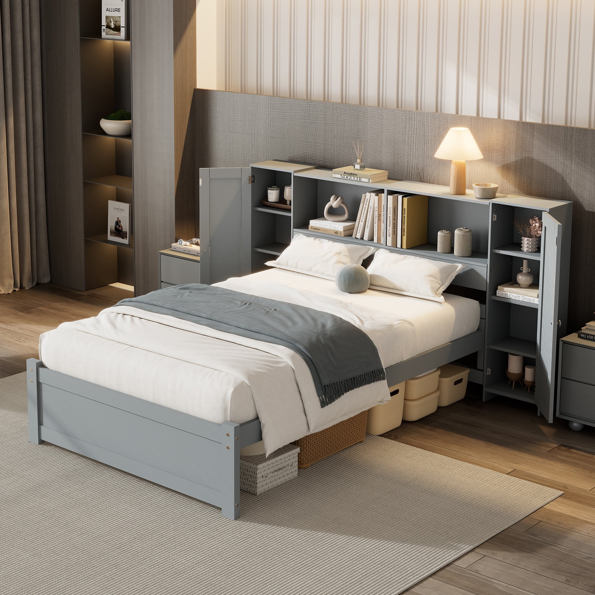Gray Twin Wood Platform Bed with Multi-Storage Headboard and Shelves