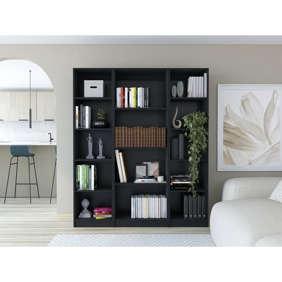 Bookcase Set 3 Piece 60 Inch Wide, 14 Shelves Modular Storage for Living Room, Black