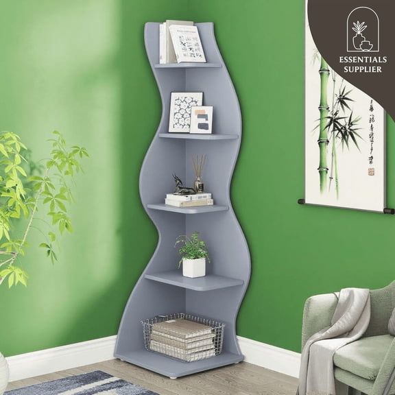 Bookcase Wavy 5-Tier Blue Corner Bookshelf Modern Sculpted Storage Rack