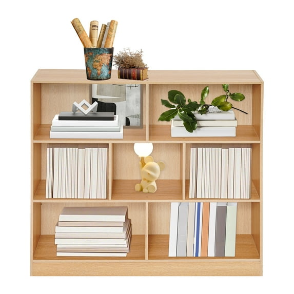 Bookcase, Wooden Bookshelf with 7 Compartments, 3-Tier Freestanding Display Storage Shelves, Cabinet Rack Organizer, DIY Book Case for Living Room, Bedroom, Home Office 39.37*9.06*39.37in