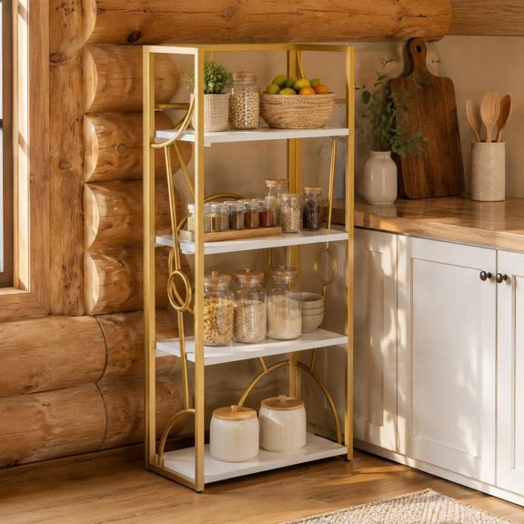 Bookcase, gold metal frame, white wood shelves, four open shelves, contemporary style, indoor use