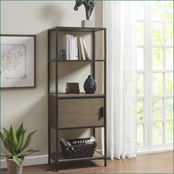 Bookcase, 3-Shelf Transitional Slate Gray Metal Frame with Storage Cabinet, Space-Saving | Grey | Wood