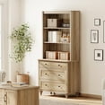 thumbnail image 1 of WAMPAT Farmhouse 72" Tall Bookcase, Large Wooden Display Book Case Shelf with 3-Tier Open Book Shelves and 3 Drawers, 3 Tier Bookshelf for Living Room, Library, Study Room, Bedroom, Office, Oak, 1 of 7