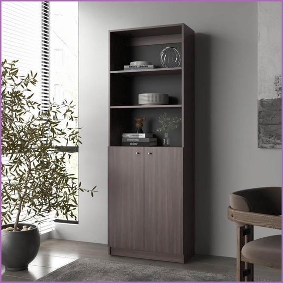 Bookcase with 3-Tier Open Storage & 2 Doors, Stained Walnut | Particle Board | Walnut