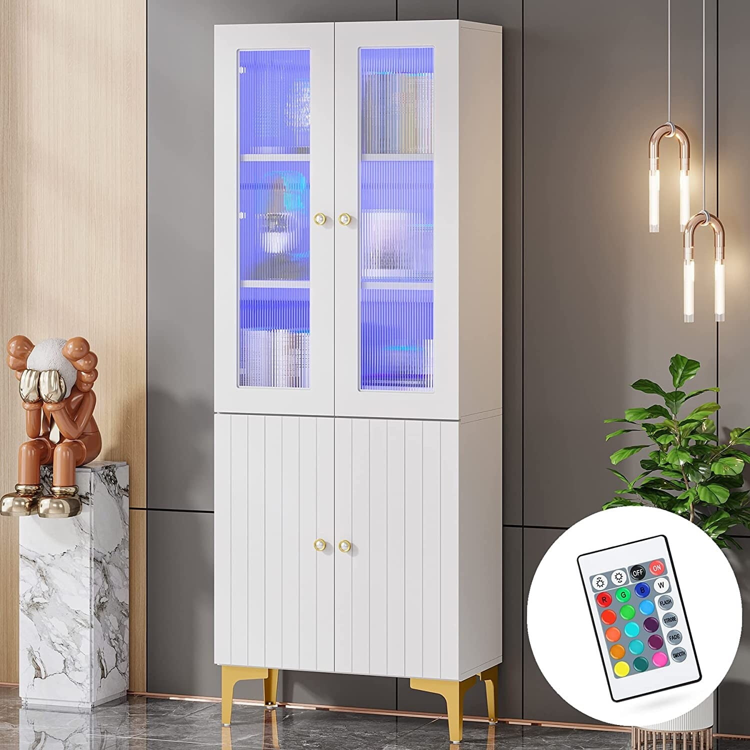 Bookcase with Acrylic Door and LED Light, White Bookshelf with 5Tier