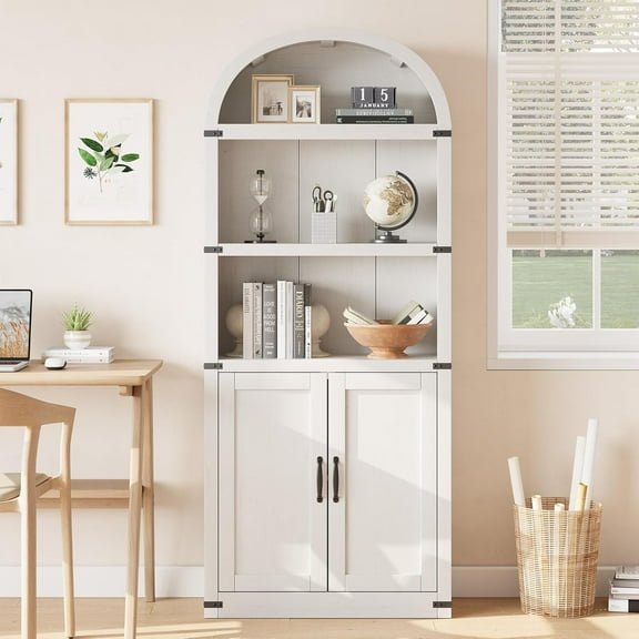 Bookcase with Doors Arched Bookshelf 71.65in Tall Bookcase Farmhouse Cabinet with Shelves Wooden Bookshelves for Home Office, Living Room