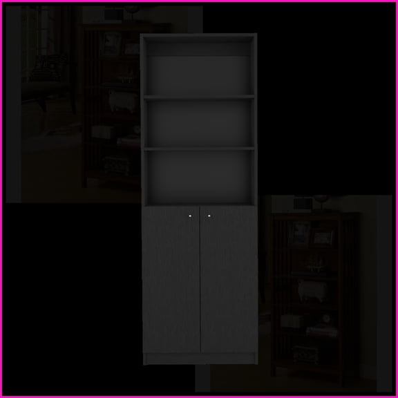 Bookcase with Dual-Door Storage, Benzoni Modern Office Organizer | Black | Engineered Wood