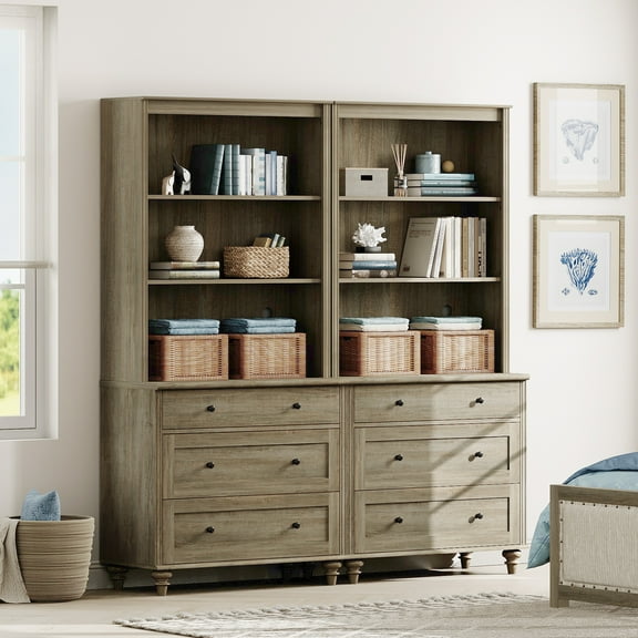 WAMPAT 72" Bookshelf with 3 Drawers, Tall Bookcase Large Display Book Case Shelf with 3 Tier Open Book Shelves，Library Wooden Bookshelves for Living Room,Office, Bedroom, Wash Grey (2PCS)