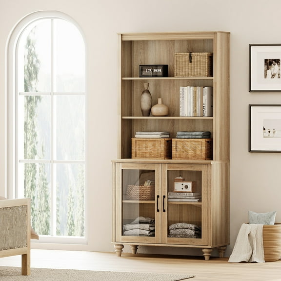 WAMPAT 5 Tier Tall Bookcase with Glass Doors, Large Farmhouse Display Book Shelf with Adjustable Shelves and Storage Cabinet, Wooden Bookshelves for Living Room, Library, Office, Bedroom, Oak