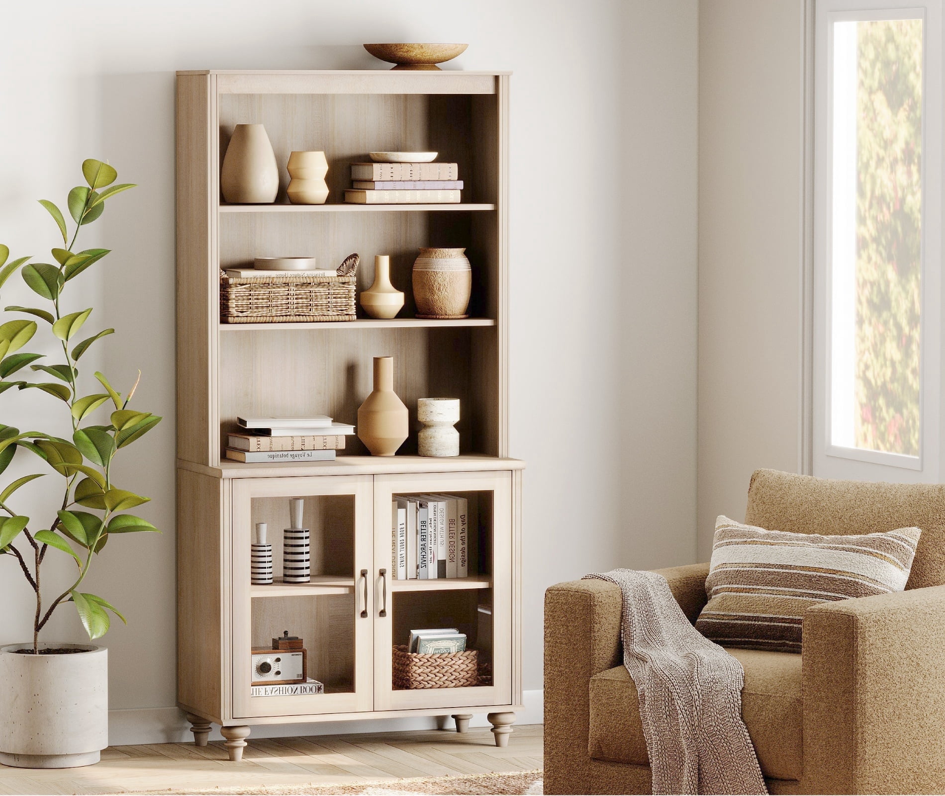 WAMPAT 5 Tier Tall Bookcase with Glass Doors, Large Farmhouse