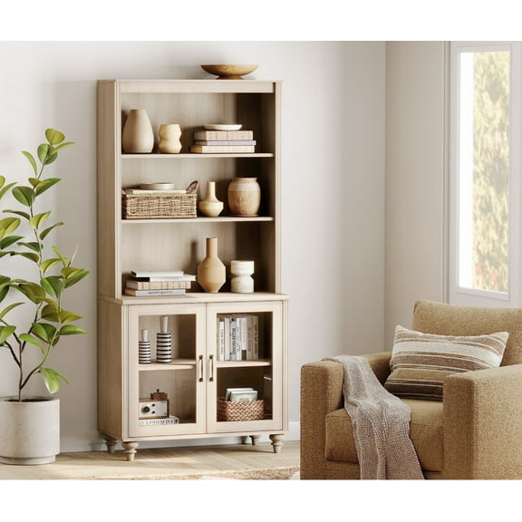 WAMPAT 5 Tier Tall Bookcase with Glass Doors, Large Farmhouse Display Book Shelf with Adjustable Shelves and Storage Cabinet, Wooden Bookshelves for Living Room, Library, Office, Bedroom, Beige