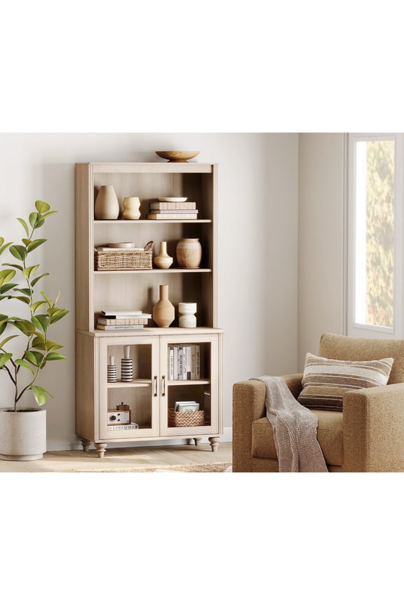 5 Tier Tall Bookcase with Glass Doors, Large Farmhouse Display Book Shelf with Adjustable Shelves and Storage Cabinet, Wooden Bookshelves for Living Room, Library, Office, Bedroom, Beige