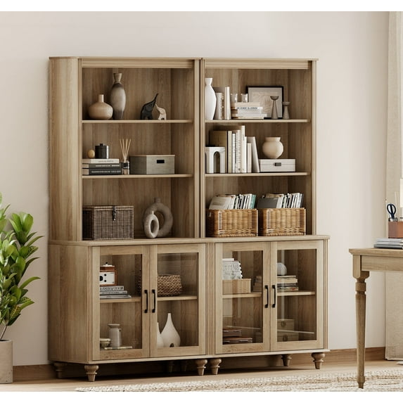 WAMPAT Farmhouse Bookcase, Bookshelf with Glass Doors, Large Wood Display Book Shelf with Adjustable Shelves and Storage Cabinet for Living Room, Bedroom, Library, Office, Oak (2PCS)