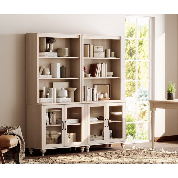 WAMPAT Farmhouse Bookcase, Bookshelf with Glass Doors, Large Wood Display Book Shelf with Adjustable Shelves and Storage Cabinet for Living Room, Bedroom, Library, Office, Beige (2PCS)