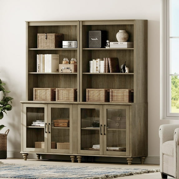 WAMPAT Farmhouse Bookcase, Bookshelf with Glass Doors, Large Wood Display Book Shelf with Adjustable Shelves and Storage Cabinet for Living Room, Bedroom, Library, Office, Wash Grey (2PCS)