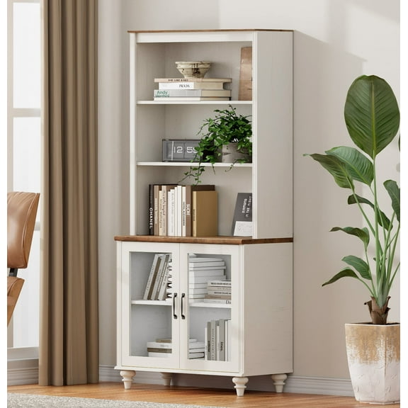 WAMPAT 5 Tier Tall Bookcase with Glass Doors, Large Farmhouse Display Book Shelf with Adjustable Shelves and Storage Cabinet, Wooden Bookshelves for Living Room, Library, Office, Bedroom, White