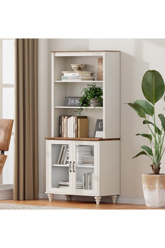 5 Tier Tall Bookcase with Glass Doors, Large Farmhouse Display Book Shelf with Adjustable Shelves and Storage Cabinet, Wooden Bookshelves for Living Room, Library, Office, Bedroom, White