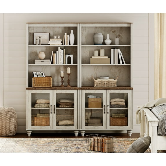 WAMPAT Farmhouse Bookcase, Bookshelf with Glass Doors, Large Wood Display Book Shelf with Adjustable Shelves and Storage Cabinet for Living Room, Bedroom, Library, Office, Rustic White (2PCS)