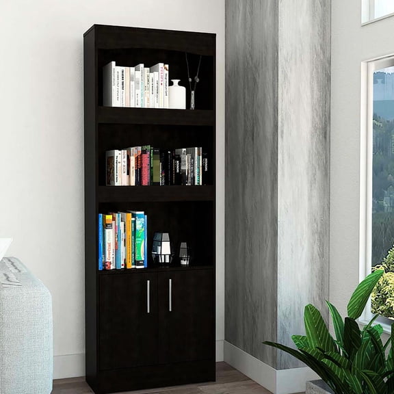 Bookcase with Shelves and Drawer | Used for Storage and Display in Rooms | Black Wengue Particle Board Design | Handles Small Item Storage