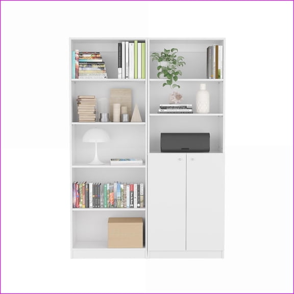 Bookcases 2-Piece Living Room Set with Concealed & Open Storage, Sleek Contemporary Off-White | White | Particle Board