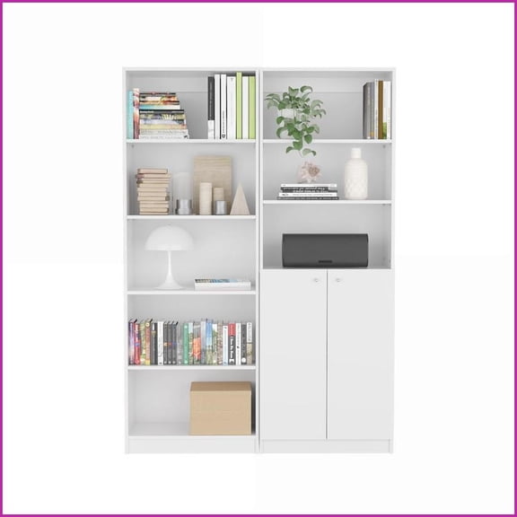 Bookcases 2-Piece Set, White Contemporary Manufactured Wood with Storage | White | Manufactured Wood