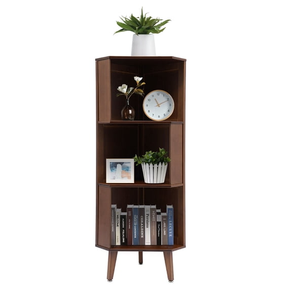 Bookcases, Bookshelf, Storage Rack, 115cm 3-Tier Bamboo MDF Organizer, Classic Brown, Adjustable Feet, Polished Paint, High Load Capacity 44.09 lbs, Space Saving Corner Unit, Anti-Fall Baffle