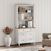 WAMPAT Farmhouse 72 Tall Bookcase, Large Wooden Display Book Case Shelf with 3-Tier Open Book Shelves and 3 Drawers, 3 Tier Bookshelf for Living Room, Library, Study Room, Bedroom, Office, White