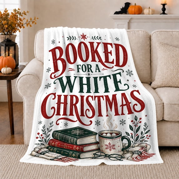 Booked For A White Christmas Books Cocoa And Glasses Cozy Holiday Typography Flannel Blanket For Book Lovers, Soft Warm Home Decor For Bedroom Living Room Christmas Gift