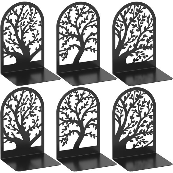 Bookend 3 Pairs, Decorative Book End, Bookends for Shelves, Desktope Book Ends, Book Stopper to Hold Books, Unique Black Metal Tree Book Holder for Home Office