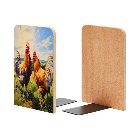 Bookends 1 Pair Non-Skid Bookend Wood Bookends for Shelves Book Stand for CDs - A Pair of Roosters Standing on The Grassland in Countryside
