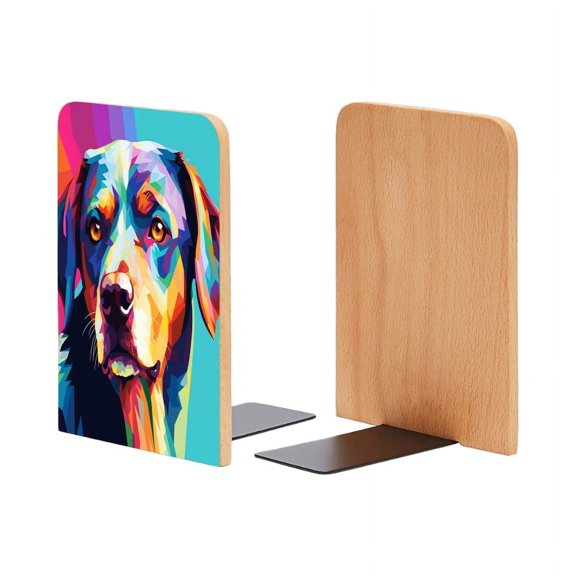 Bookends 1 Pair Non-Skid Bookend Wood Bookends for Shelves Book Stand for CDs - Abstract Colorful Portrait of Labrador Dog in Vector Style