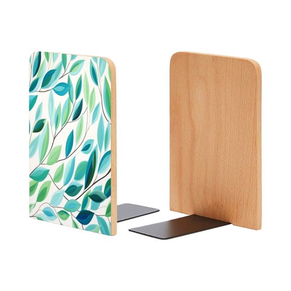 Bookends 1 Pair Non-Skid Bookend Wood Bookends for Shelves Book Stand for CDs - Abstract Painting of Leaves With Simple Lines