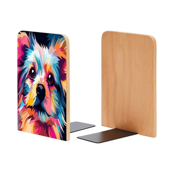 Bookends 1 Pair Non-Skid Bookend Wood Bookends for Shelves Book Stand for CDs - Abstract Vector Illustration of Yorkshire Terrier Dog Face